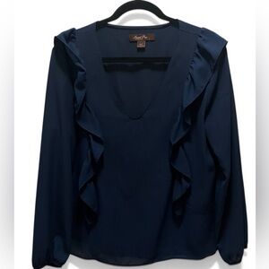 Sweet Pea by Stacy Frati Large Navy Ruffle Blouse, Minimalist Classic